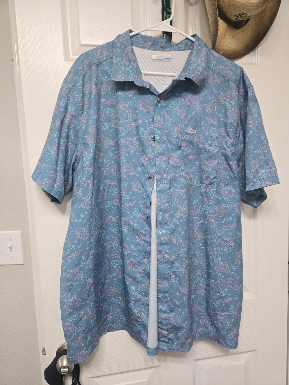 Columbia Blue Short-Sleeve Button-Up with Fish Print